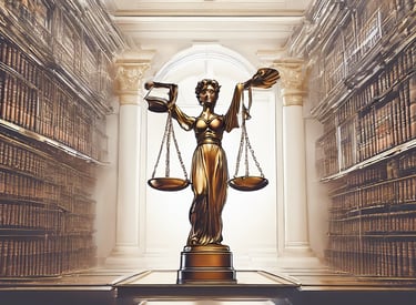 "Estátua dourada da deusa da justiça com balança em uma mão, em uma biblioteca clássica com estantes