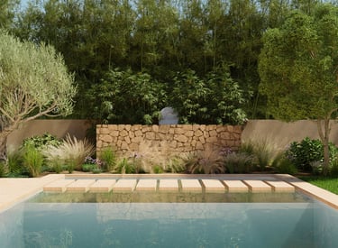 Modern luxury backyard swimming pool with stepping stones and a lush tropical bamboo privacy screen.
