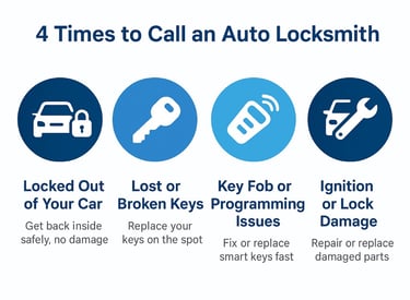 Pictograph showing four reasons to call an auto locksmith: locked out, lost or broken keys, fob programming, ignition repair