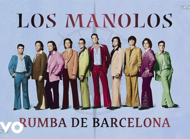 Los Manolos music group posing in colorful suits for the Rumba de Barcelona album cover.
