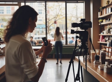A workspace featuring a whiteboard with a social media content schedule, organized by day and platform, using sticky notes in varying colors. A wooden table holds an open laptop displaying a social media management application, alongside pens and small circular items.