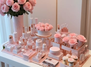 A collection of skincare and cosmetic products is arranged on white blocks against a soft blue background. The products vary in size and packaging, including tubes and bottles labeled with the brand name 'Glossier'. A mascara wand and a small tube are suspended above the arrangement, adding a dynamic element to the composition.