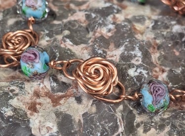 Copper and lamp work bead hand crafted rose bracelet