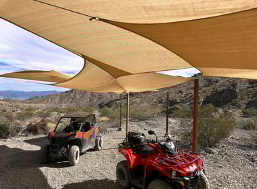 two atvs parked in a desert area