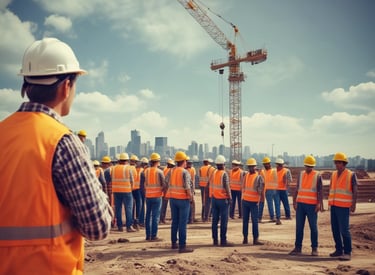Professional team discussing construction project plans in an office setting.