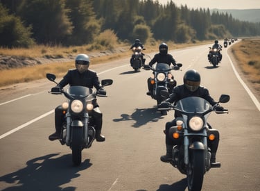 A group of motorcyclists riding through lush green mountains under a clear blue sky.