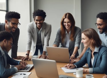 A diverse group of professionals collaborating around a table with laptops, diverse group