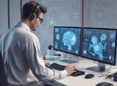 A team of professionals collaborating on software development in a modern office environment.