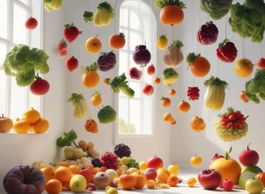Floating food items including cherry tomatoes, almonds, cashews, slices of red bell pepper, cheese cubes, lettuce, and ham. A fork is levitating among these ingredients. The letters spelling 'DIET' are arranged with small tiles like a game. The background is a solid light green color.