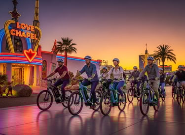a group of tourists riding bikes in front of a wedding chapel