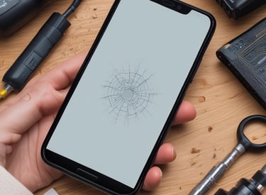 A person is working on an open smartphone, using a screwdriver to repair or modify the device. The phone is positioned on a mat, with the screen lifted, exposing the internal components. A blue wristband watch is visible on the person's wrist, and a part of a plant is blurred in the background.
