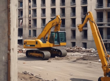 A large industrial space with massive machinery, including engines and generators. Two workers are operating and maintaining the equipment on a checkered floor under a high ceiling with steel beams.