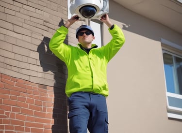A residential house with a red roof is situated among lush green trees. Overhead utility lines stretch horizontally across the image against a partly cloudy sky with large billowing clouds. There is a mix of trees and foliage in the foreground.
