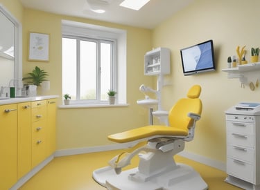 A bright and modern dental clinic room with turquoise dental chairs and equipment. The room is well-lit, featuring a large window with blinds on the right. Cabinets with drawers, decorative plants, and art pieces on the wall enhance its aesthetic appeal.