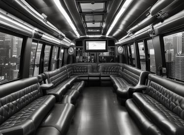 Two large orange tour buses are parked on a paved area surrounded by greenery. The buses have prominent designs on the front and are marked with names like 'Young Guns'. Lush trees and plants can be seen around the area, creating a vivid contrast with the buses.