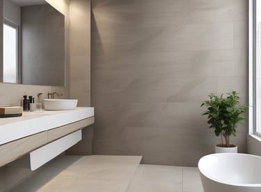 A tiled wall featuring a series of rectangular panels in varying shades of blue, situated in what appears to be an indoor setting. The tiles are clean and sleek, with overhead lighting reflecting off the surface, creating a geometric and modern appearance. The floor in front is tiled in light gray with dark trim along the edge.