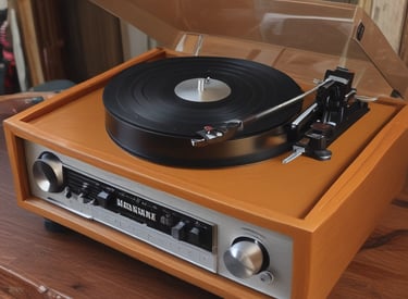 A close-up view of a vintage electronic device, possibly an amplifier, with visible metallic and wooden components. The image highlights the detailed construction of the device, showcasing cylindrical capacitors, metal bars, and wooden panels.