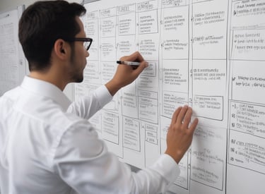A hand holds a black business card with white text reading 'FORTY TWO Strategy Innovation Design' against a blurred urban skyline backdrop. The sky is clear and blue, suggesting a bright day.