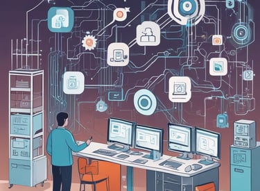 An abstract, pastel-colored, 3D-rendered representation of data analysis and search engine optimization (SEO). The image features a computer interface with various analytics symbols, including a magnifying glass, bar charts, pie charts, and a search bar with the text 'SEO'. Surrounding the interface are different objects such as a potted plant, a cup with a saucer, and a megaphone, all placed on a light green background.