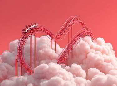 attraction de montagne russe qui monte au dessus des nuages, dans des tons roses