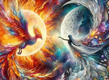 Femme devant la lune qui affronte le phenix