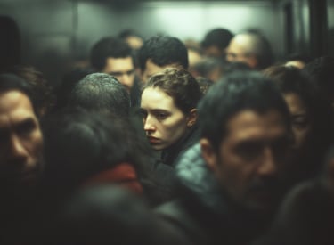 femme dans un lieu bondés de monde qui a l'air fatiguée et anxieuse