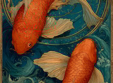 2 poissons orange dansent dans des vagues bleues.