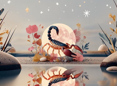 illustration d'un scorpion dans un envionnement floral devant la pleine lune