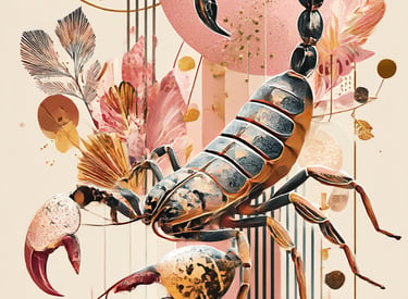 illustration d'un scorpion devant des éléments graphiques, cercles, lignes, pyramides,