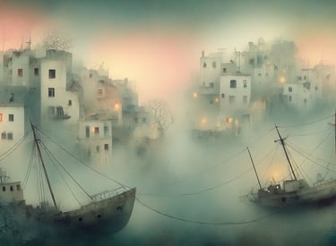 Paysage rose et gris où des bateaux tanguent dans la tempête devant les maisons du port