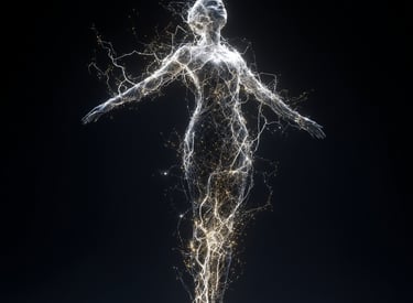 corps de femme traversé par des courants énergétique lumineux sur fond noir.