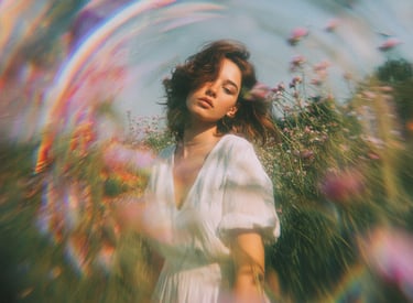 femme brune dans un cadre champêtre qui a l'air d'avoir la tête dans les nuages.