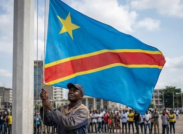 a man holding a flag in front of a crowd of people