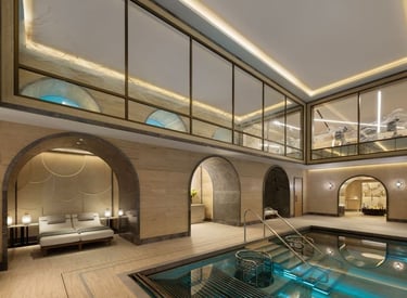 luxury spa interior with relaxation beds, jacuzzi 