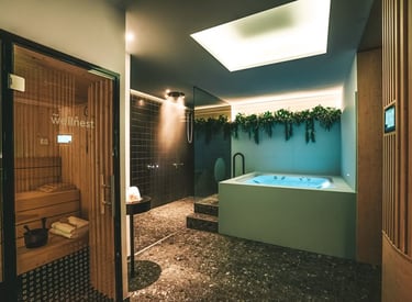 a luxury residential wellness room with sauna, rain shower, and cold plunge pool