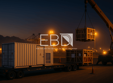 EBD trading—BESS container and substation equipment loaded at an Omani desert port, highlighting approvals, logistics, and su