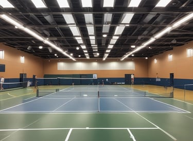 An overhead view of two adjacent blue tennis or paddle courts with a slightly worn surface. The courts are separated by fencing and have white lines marking the play areas. Surrounded by grass and tiles, the setting suggests an outdoor sports complex.