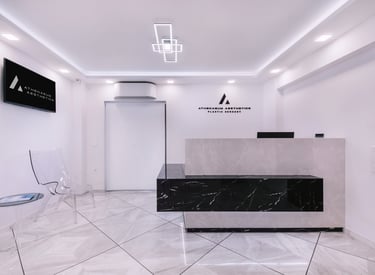 Elegant front office reception area at Athenaeum Aesthetics clinic in Vouliagmeni, Athens
