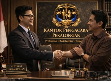 Professional lawyer in Pekalongan shaking hands with a client at his law office desk.