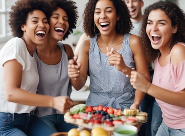 A vibrant and colorful street event with diverse participants. A person dressed in ornate, bright clothing holds a multicolored umbrella, smiling and interacting with the crowd. The setting appears urban, with people wearing a variety of creative costumes walking along a street, and many onlookers in the background.