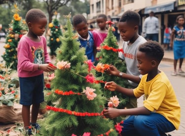 Children gathered around a small Christmas tree decorated with handmade ornaments.