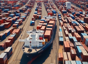 A large cargo ship is loaded with multiple shipping containers stacked high. Cranes labeled 'Terminal Burchardkai' are positioned above, suggesting the loading or unloading process is underway. The ship is sailing through a body of water with a cloudy sky overhead. The containers are colorful and bear various company logos.