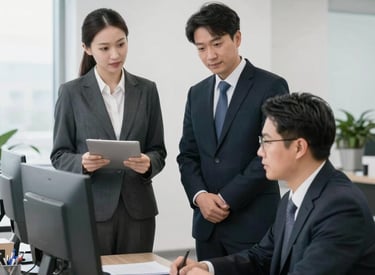 Modern apartment building with balcony overlooking a city skyline at sunset.