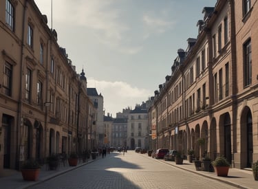 Modern apartment building with balcony overlooking a city skyline at sunset.