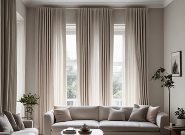 A set of light beige curtains are elegantly draped on either side of a window, allowing soft natural light to pass through. The window offers a view of a garden with green foliage visible outside. The interior features a stone wall with a dark marble texture and a speckled tile floor. Subtle decorative detailing around the window frame adds to the classic look.