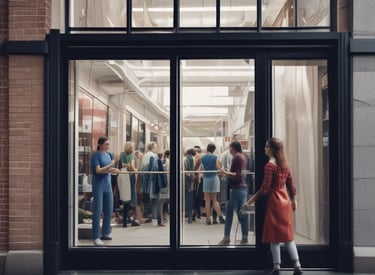 A person in bright safety gear is performing maintenance or cleaning work on a modern building's exterior. The structure features tall, vertical lines made of dark metallic or glass material, creating a striking visual contrast with the person.