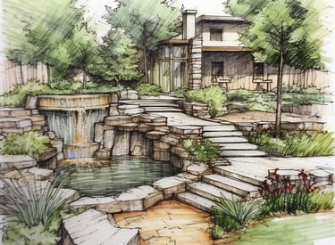 Full-color rendering of natural plunge pool with waterfall & steps descending from house| Aqua Vitae