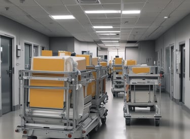 An assortment of medical supplies is scattered on a concrete floor, including syringes, vials, and medical bags filled with other equipment. The items appear to be part of an emergency medical kit or a mobile health unit.