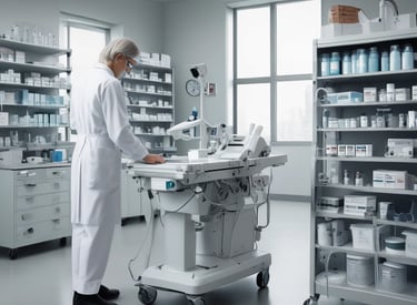 A medical device with a digital screen is centrally positioned. It is surrounded by a booklet, a package of medical supplies, and a power cable with an adapter. The booklet and package feature text.