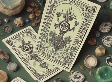 A variety of tarot and oracle cards are laid out on a brown fur rug, accompanied by a set of runes and coins. There's also a pendulum placed nearby. The items suggest a focus on mysticism and divination.